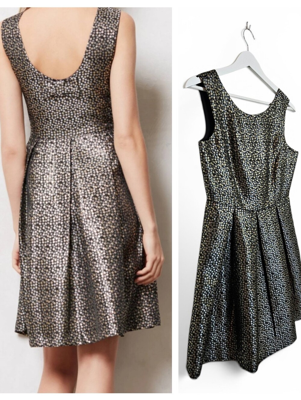 Anthro James Coviello Dress S Petite Josseline Brocade Bow Pocket Party Gold